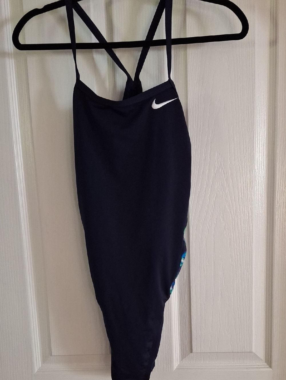 Nike Navy One-Piece Swimsuit with White Swoosh and Blue Print Accent NWT